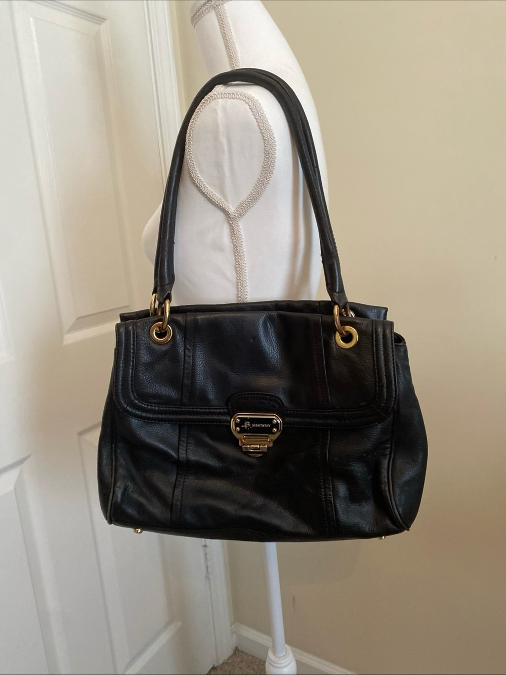Vintage B Makowsky  Black Leather Shoulder Bag with Gold Hardware